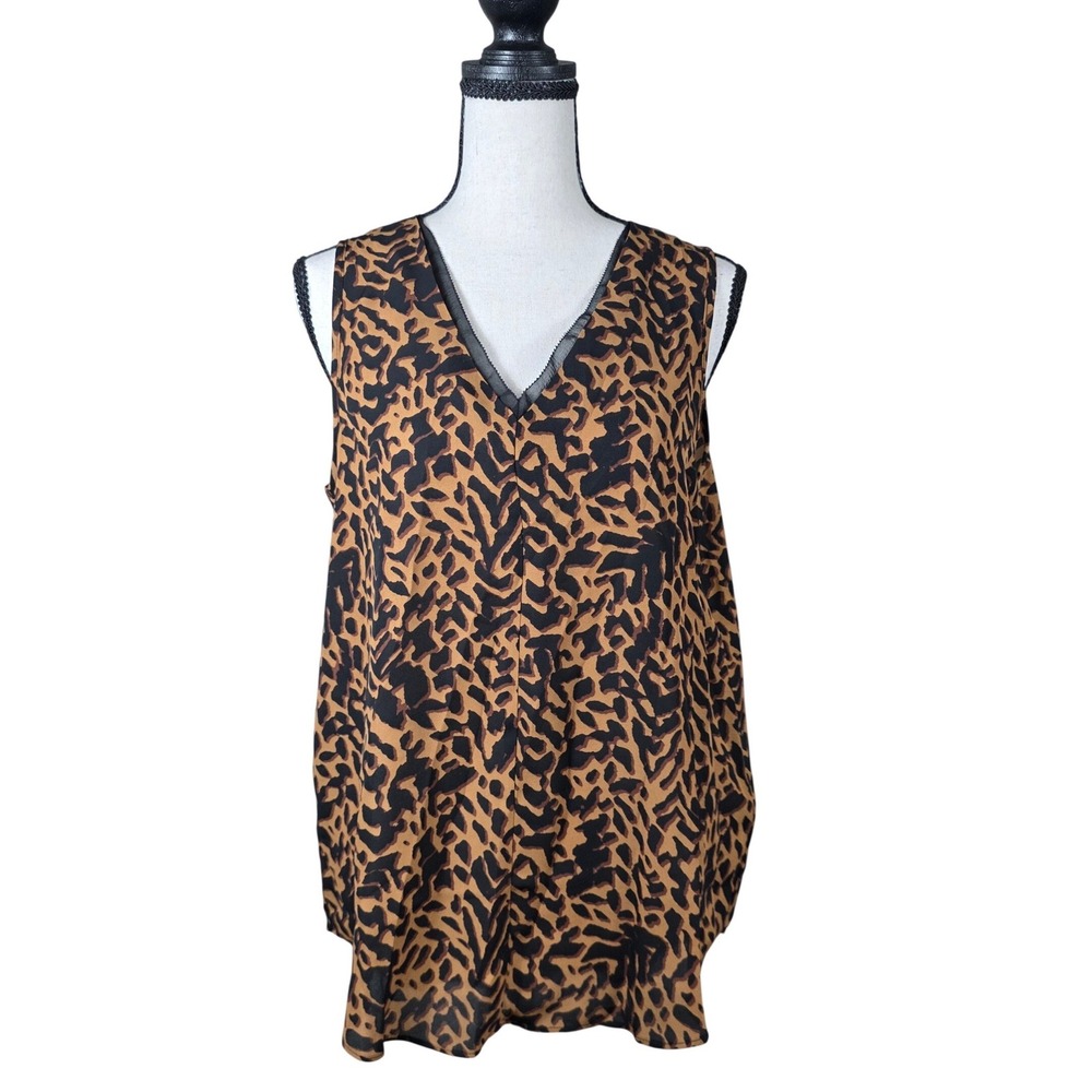 Cato Tank Top Leopard Animal Print V-Neck Mesh Trim Brown Medium Chic Sleeveless
